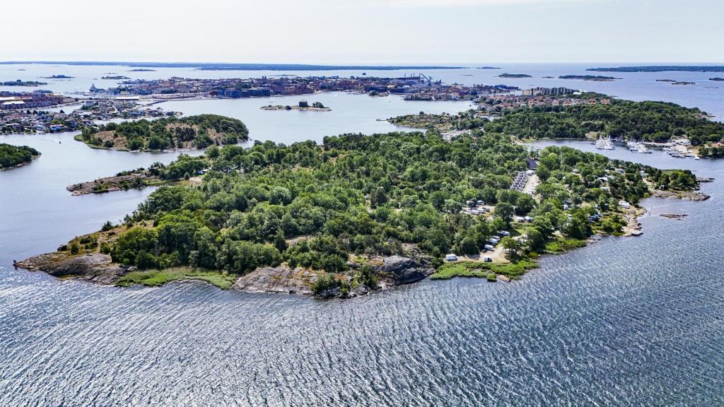 an aerial view of an island in the water at Dragsö Camping & Stugby in Karlskrona