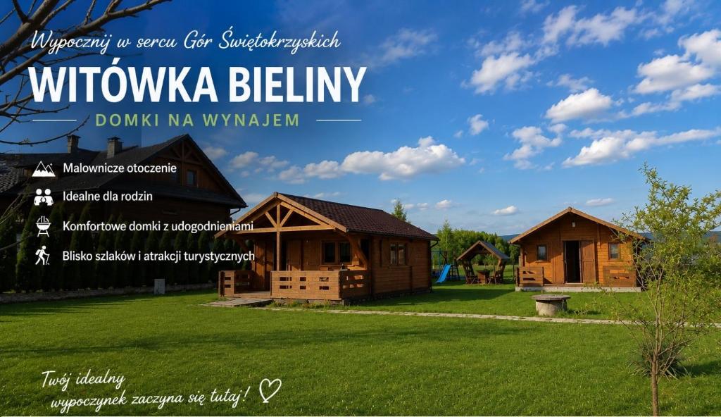 a flyer for a wooden house in a yard at Witówka Bieliny in Bieliny