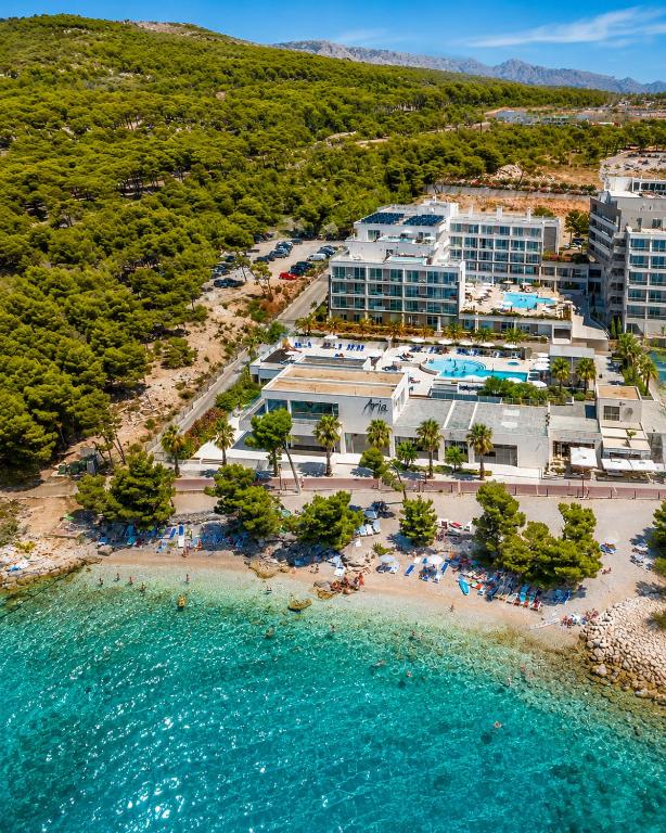 an aerial view of the resort and the beach at Romana Beach Resort in Makarska