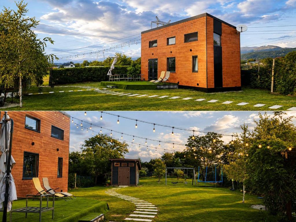 two pictures of a brick house and a backyard at Tiny House - Baia de Fier in Baia de Fier