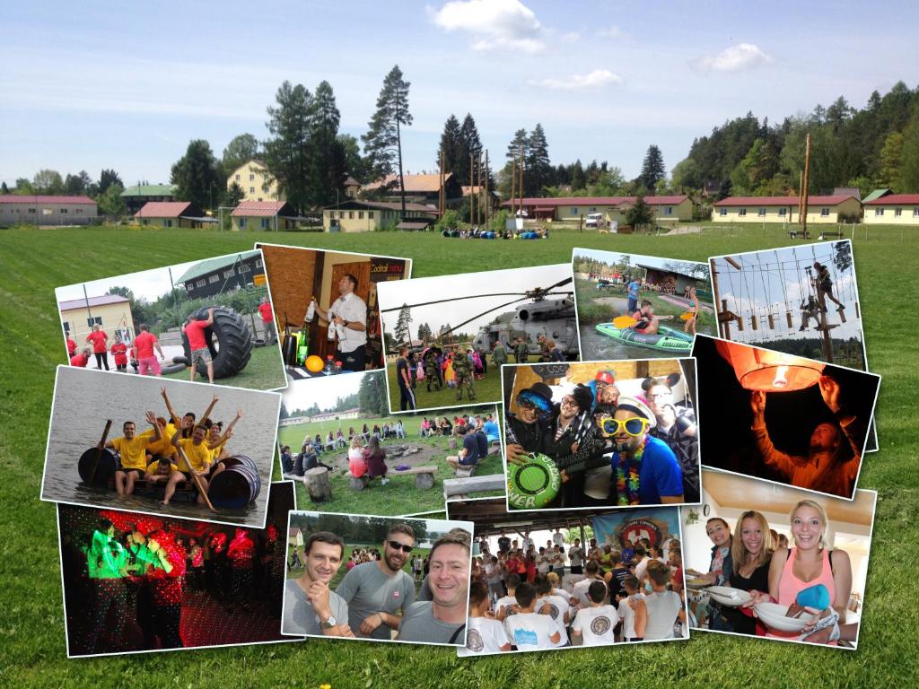 a collage of pictures of people in a field at Rekreační areál Zbraslavice in Zbraslavice