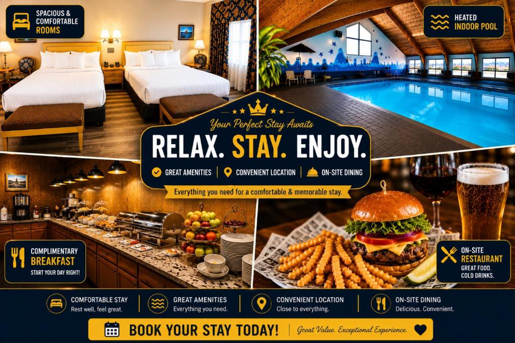 a flyer for a hotel with a hamburger and french fries at Presque Isle Hotel in Presque Isle