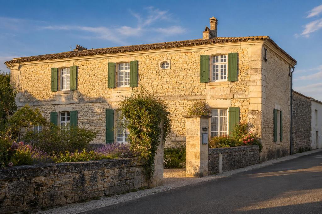 an old brick building with green shutters on a street at Maison Garesché - Chambres d'hôtes de charme avec table d'hôtes in Nieulle-sur-Seudre