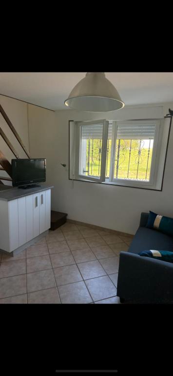 a living room with a couch and two windows at Le Climatisé Old School in Paroy-sur-Tholon