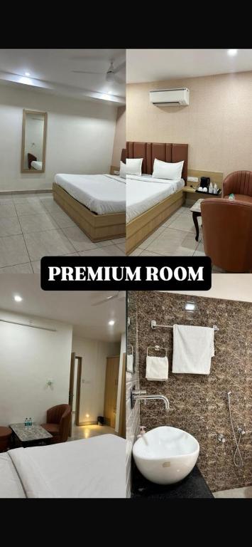 two pictures of a bedroom with a bed and a bathroom room at Vida Hotel in Patiāla