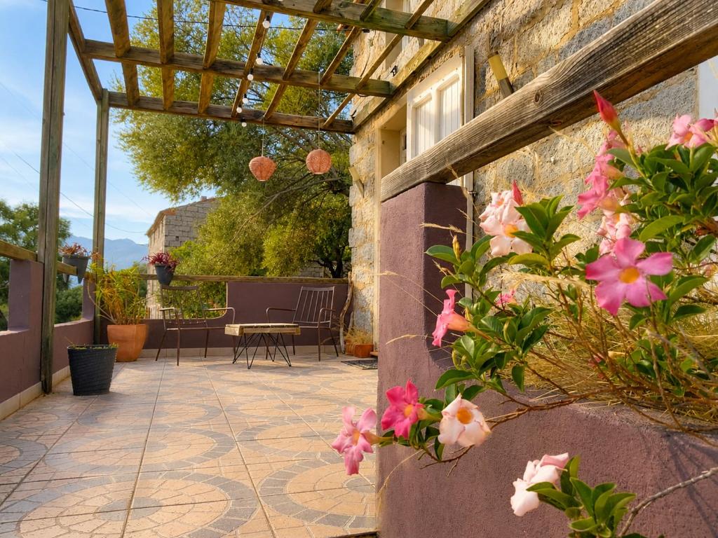 a patio with pink flowers and a pergola at La Maison De Stephanie in Porto-Vecchio