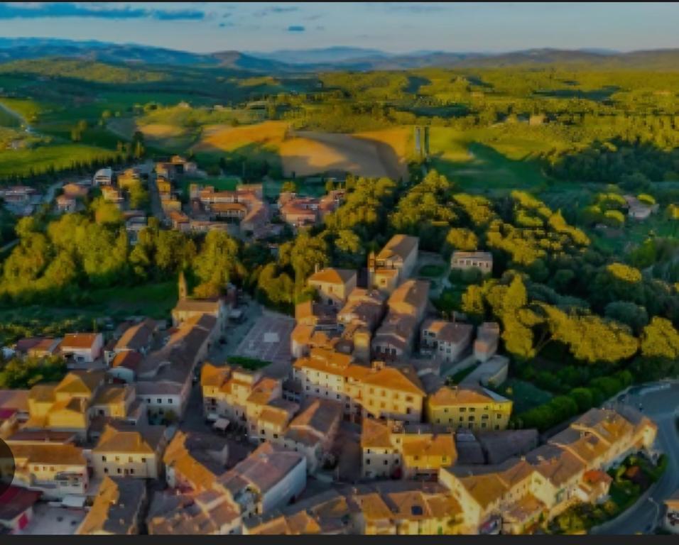 an aerial view of a small town with houses and trees at Apartamento vicolo delle Rose in Castelnuovo Berardenga