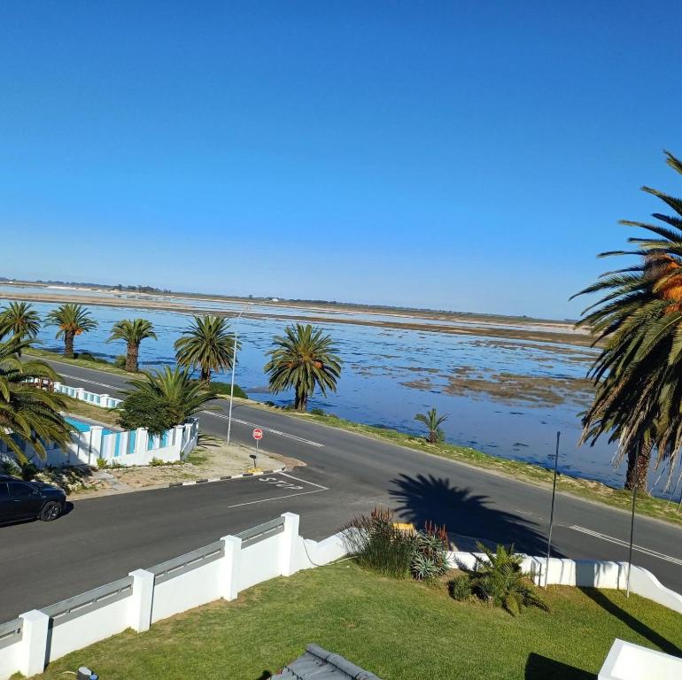 a road next to a beach with palm trees at EBB Tide Guesthouse in Velddrif