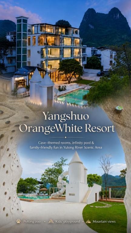 a magazine advertisement for a resort on a beach at Yangshuo OrangeWhite Resort - An Exclusive Cave - Inspired Haven by the River - Featuring Panoramic Mountain Views-Infinity Pool & Alpaca Encounters & Tailor-Made Excursions in Yangshuo