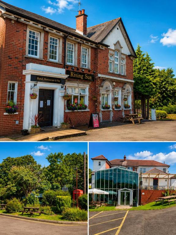 two pictures of a brick building with a picnic bar at The Rising Sun in Rogerstone