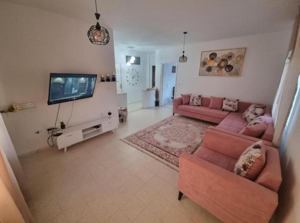 a living room with a pink couch and a flat screen tv at home byrsa in Douar ech Chott