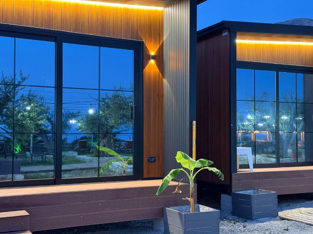 a house with a potted plant in front of it at Paradise Beachfront Chalet Rooms Borsh in Borsh