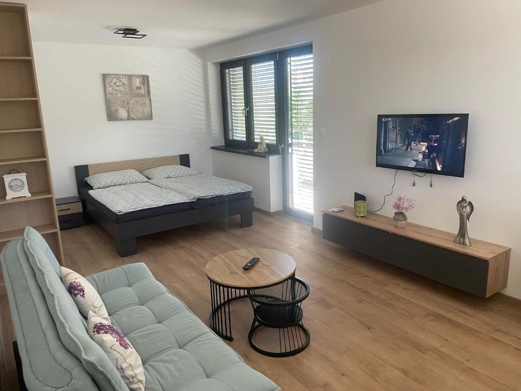 a living room with a couch and a bed at Apartmán Formula Trenčín in Trenčín