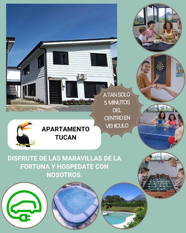 a collage of pictures of a caravan with a family in a pool at Tucan Apartment in Agua Azul