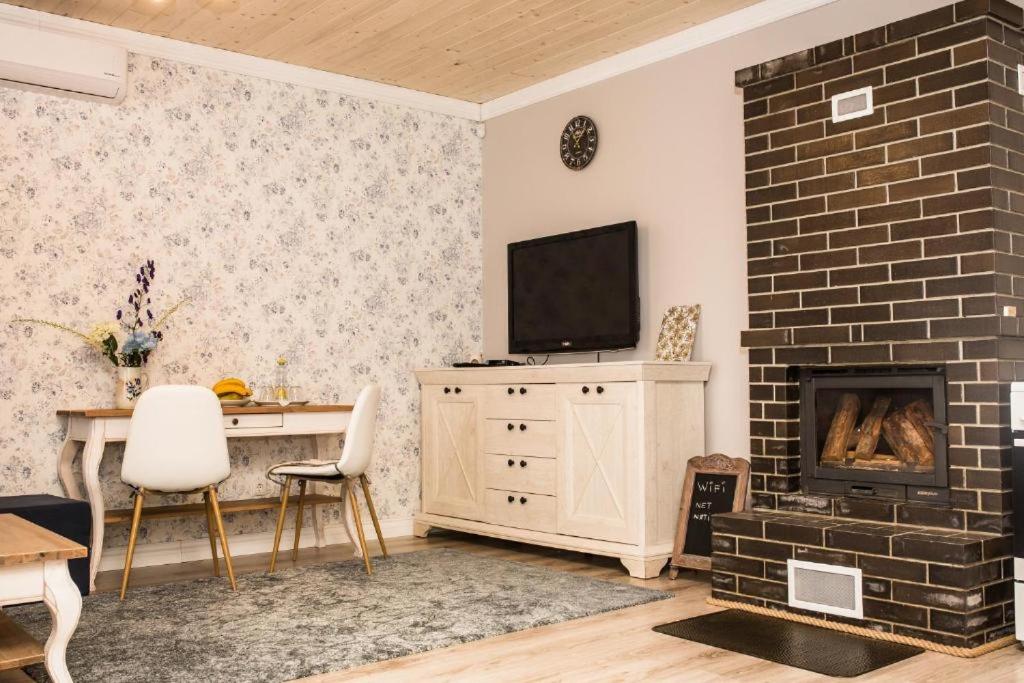 a living room with a fireplace and a television at Paju Apartment in Võru