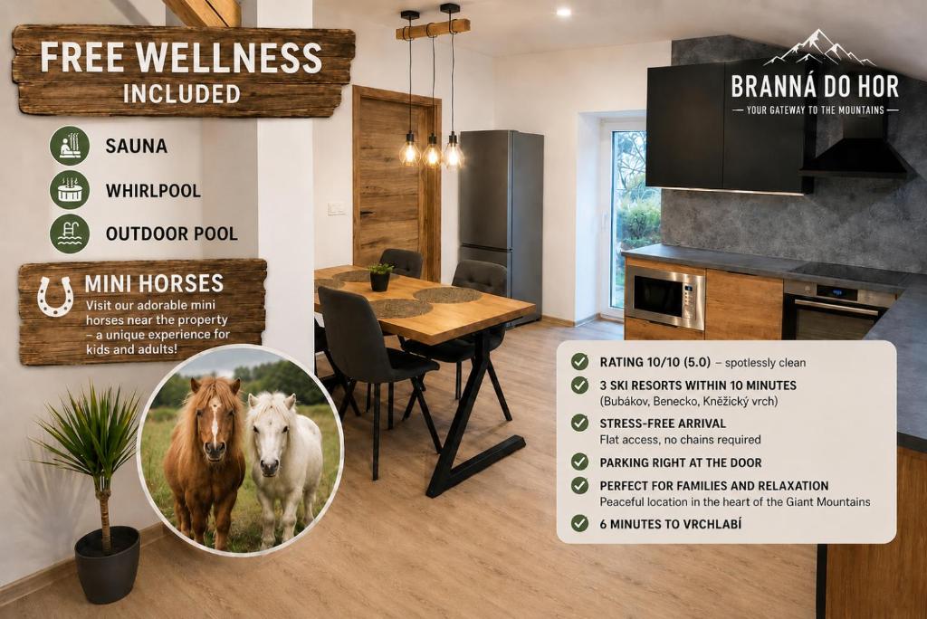 a sign for a kitchen and a dining room with a sign for a free wellness at Apartmány Branná hodnocení 10 Wellness Vleky 5 min in Horní Branná