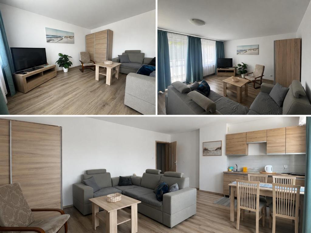 two pictures of a living room and a living room at Pokoje i apartamenty Pod Dębem in Rowy