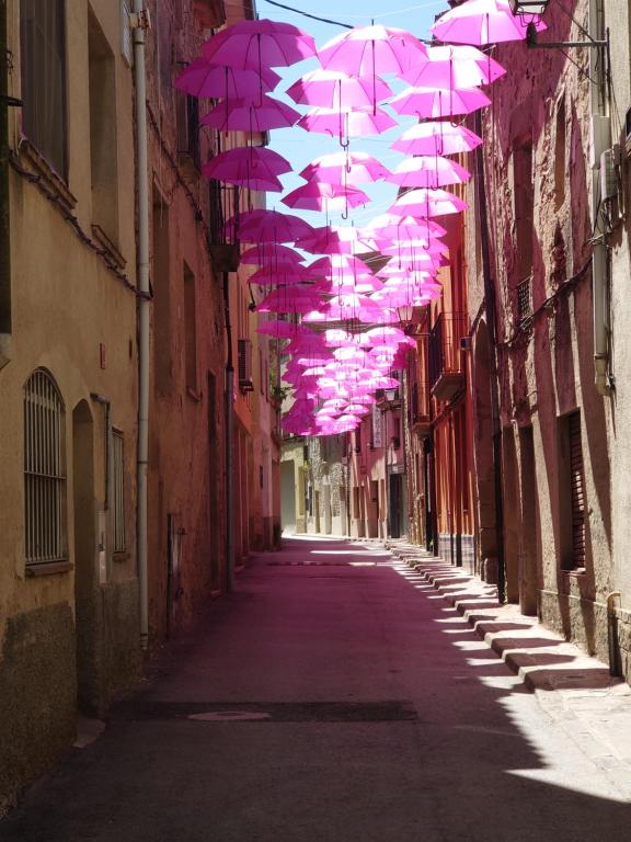 a row of pink umbrellas hanging over a street at Els Sifons in Castelltersol