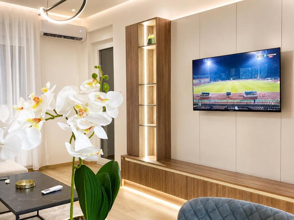a living room with a tv on a wall at FILIP Apartment with garage in Doboj