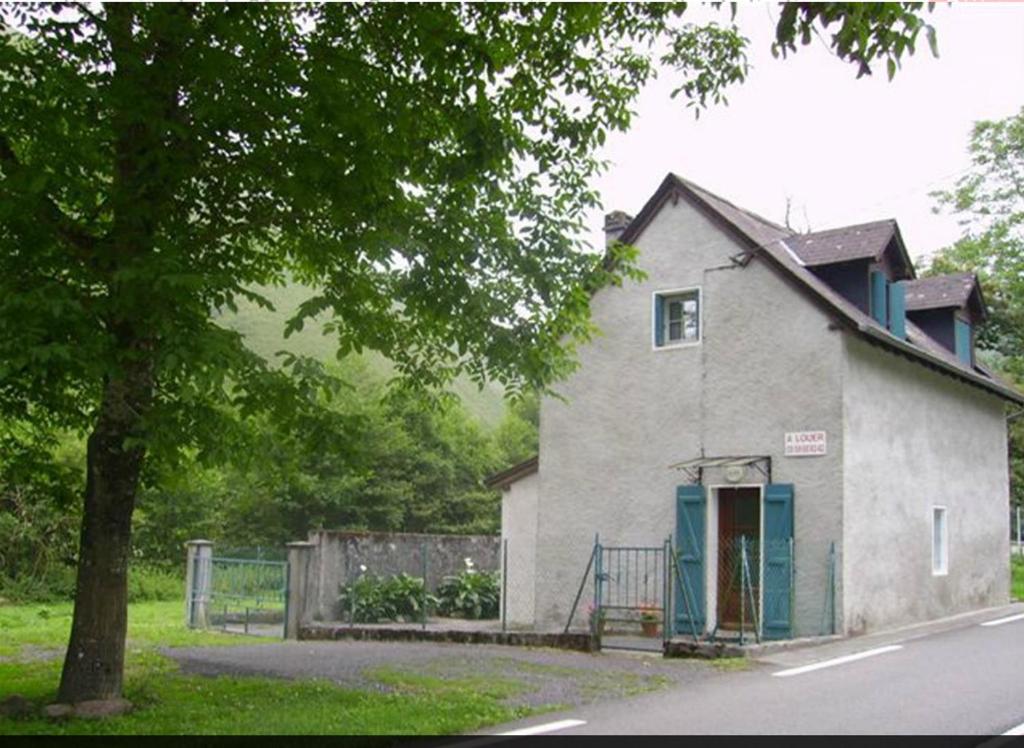 a white house with a tree next to a street at La maison de la Mouline in Arette