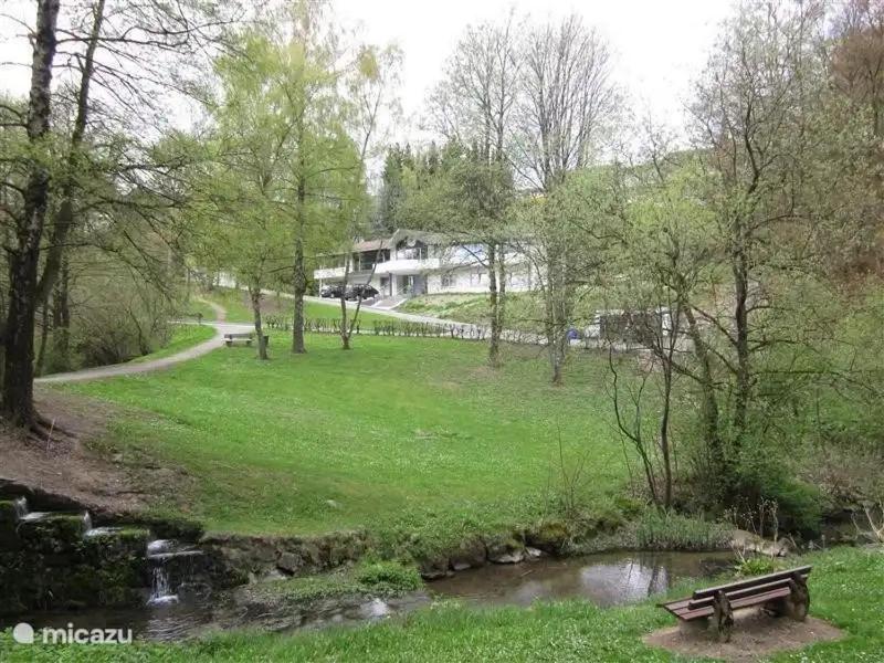 a park with a bench next to a stream at Villa Boskoop in Stryck
