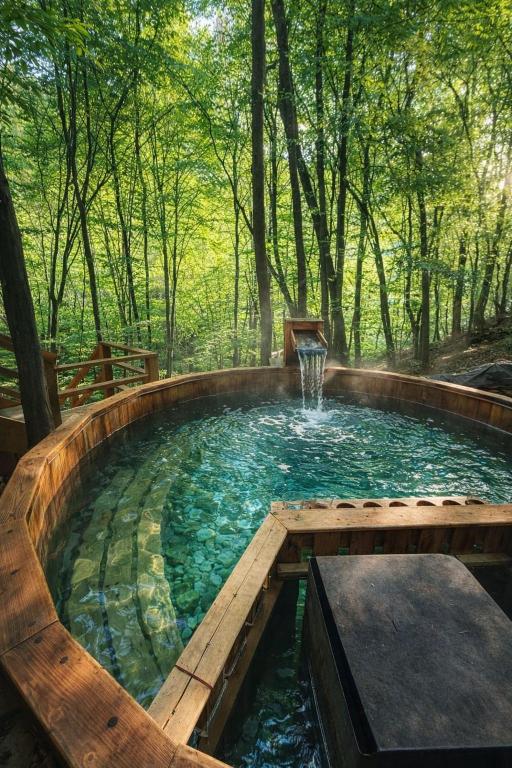 a hot tub with a fountain in the woods at Cabana Manea Forest Hub in Topleţ