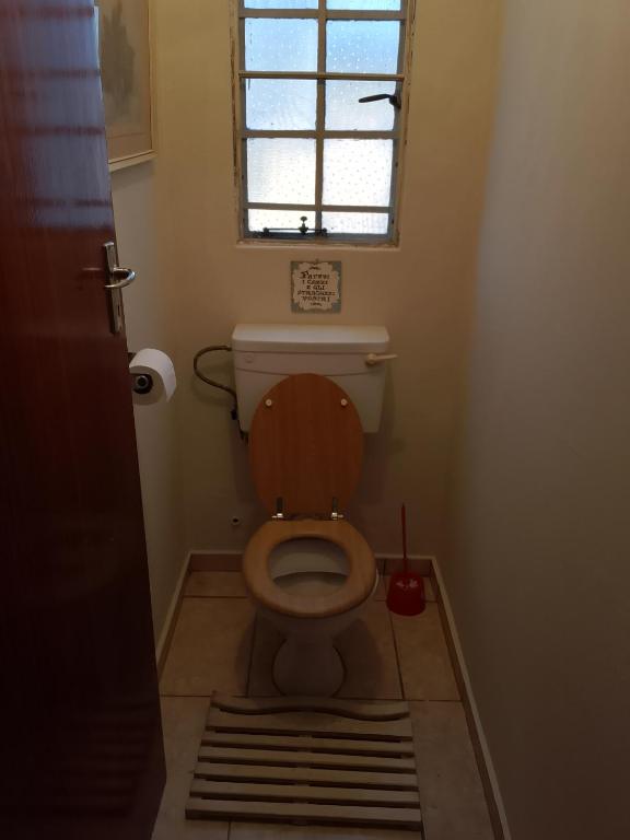 a small bathroom with a toilet with a window at Lamenatseach 300 in Leeupoort