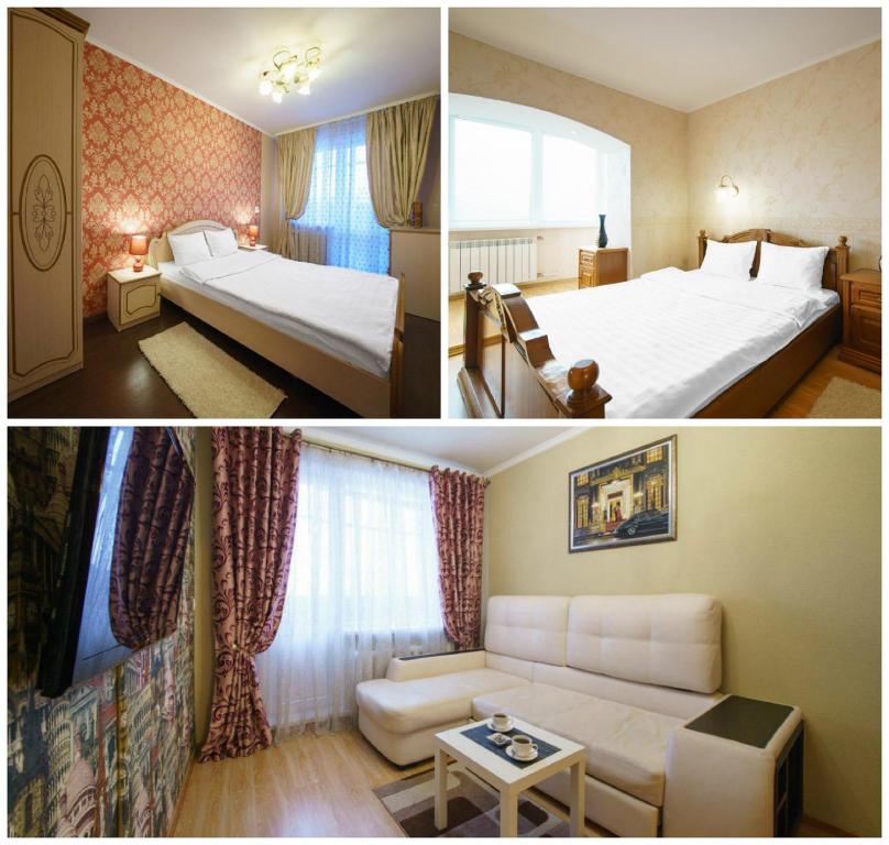 two pictures of a hotel room with a bed and a couch at PaulMarie Apartments on Naberezhnaya in Soligorsk