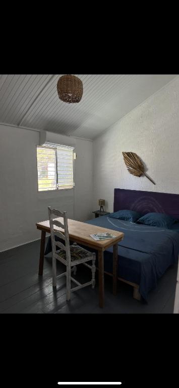 a room with a table and a bed and a chair at Les Chambres d'Umoja in Grand-Bourg