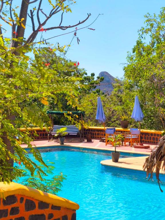 a swimming pool with chairs and umbrellas at Suarez Hotel in Antsiranana