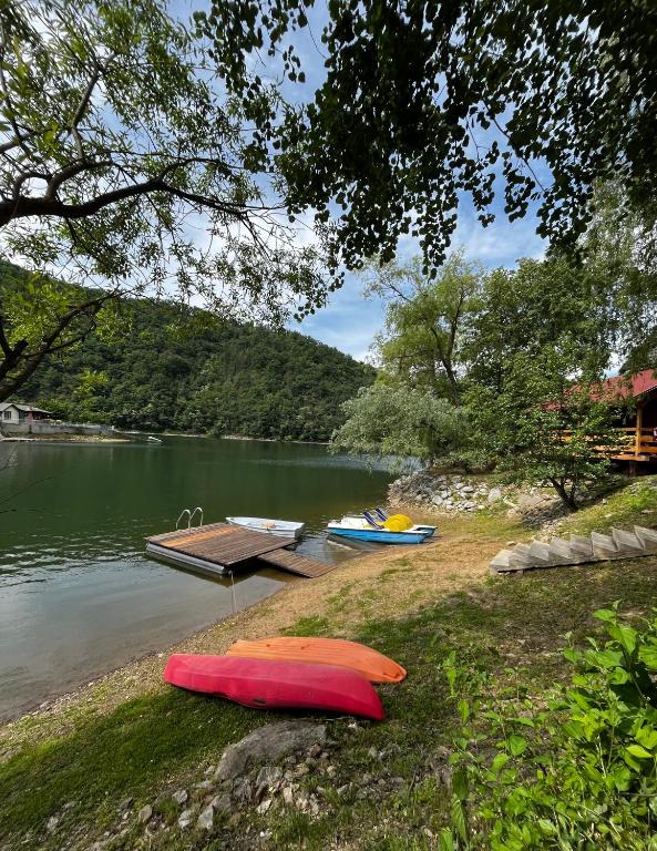a couple of boats sitting on the shore of a lake at Cabana Gavroche in Moara Ungurului
