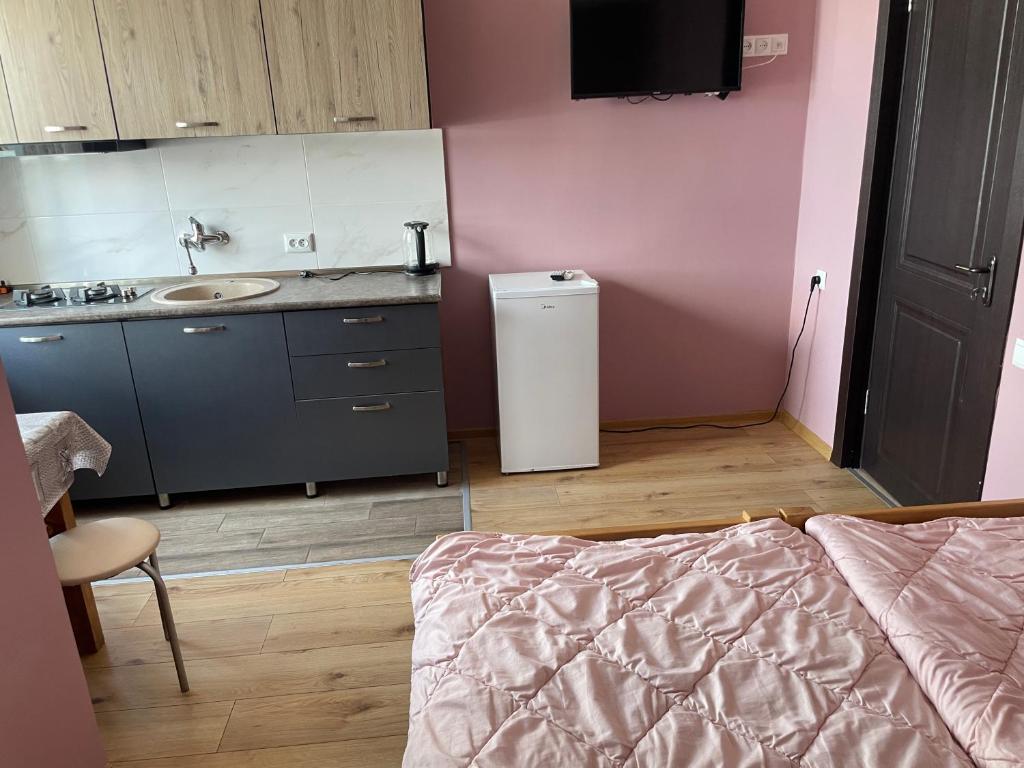 a bathroom with a sink and a vanity with a mirror at Bakuriani Mtis 6 in Bakuriani