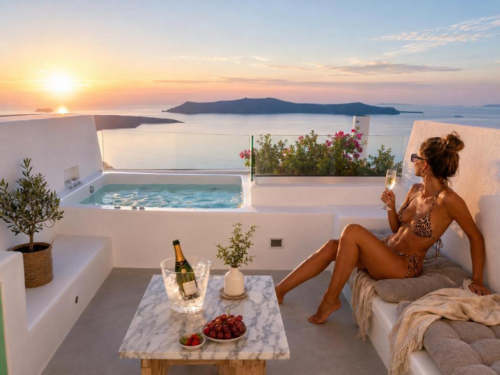 two women sitting on a balcony with a glass of wine at Mamma Mia Santorini Suites-Volcano -Caldera -Sunset View in Fira
