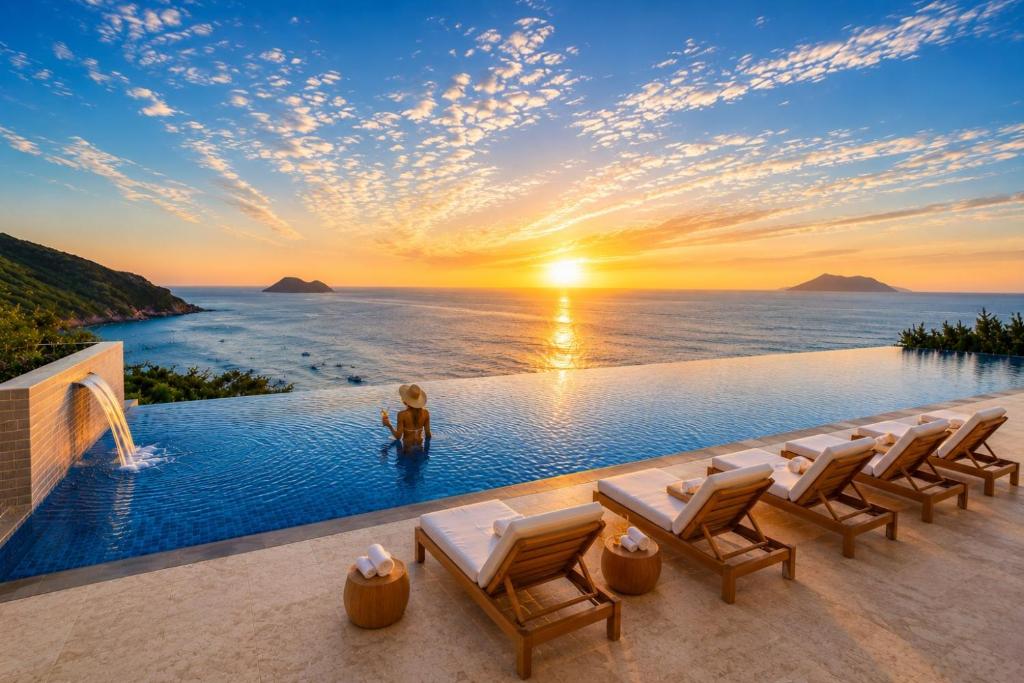 a infinity pool with chairs and the ocean at sunset at Buzios Mar Hotel in Búzios