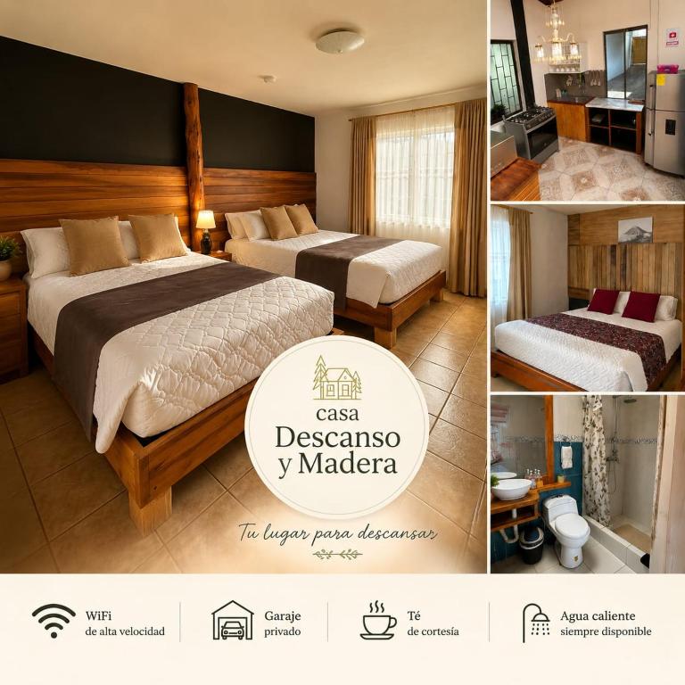 a collage of pictures of a hotel room with two beds at Casa Descanso y Madera in Baños