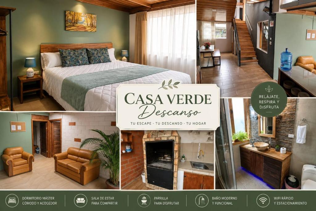 a collage of pictures of a room with a bed and a fireplace at Casa Verde Descanso 1 in Baños