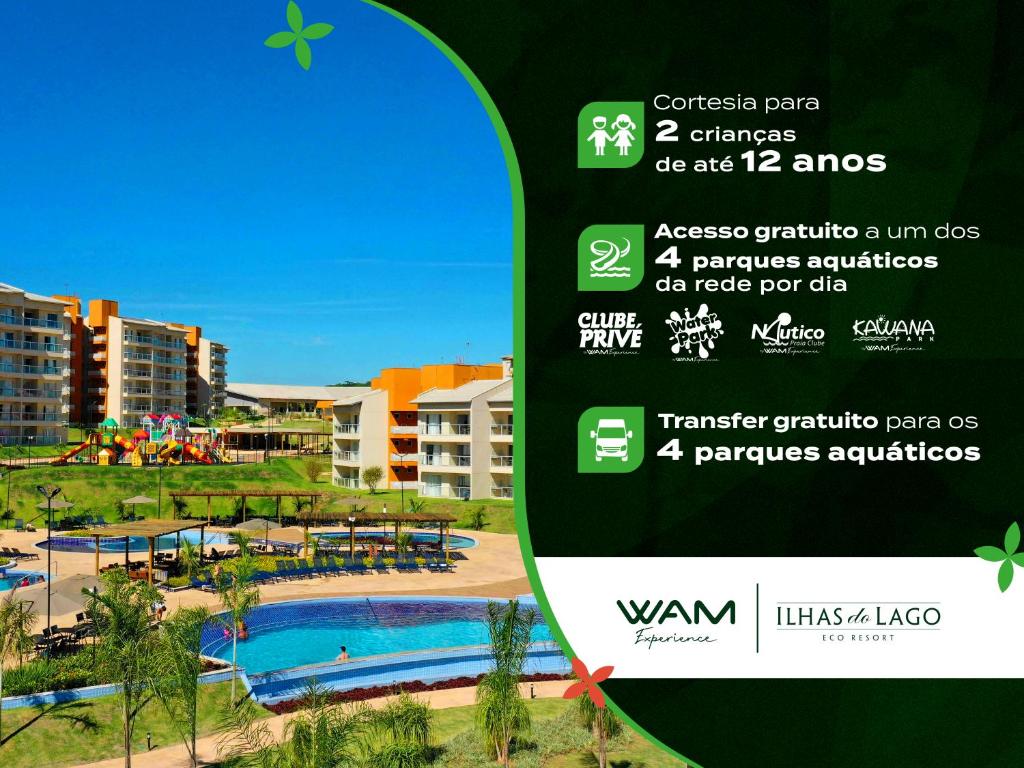 a sign for a resort with a pool and buildings at Ilhas do Lago Eco Resort by WAM Experience in Caldas Novas