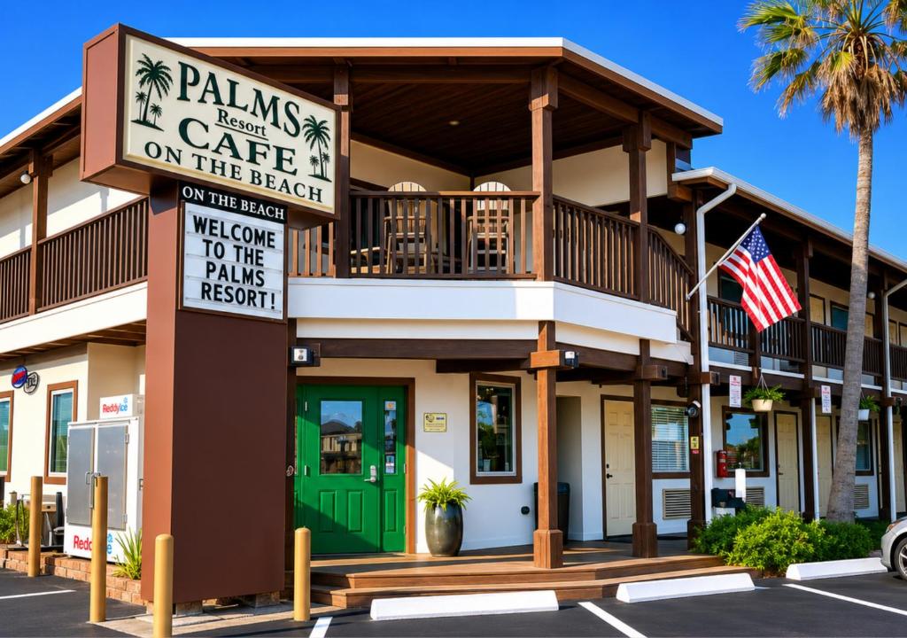 a building with a sign for a cafe on the beach at Palms Resort & Cafe on the Beach in South Padre Island
