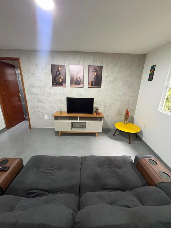 a living room with a couch and a tv at Apartamento com vista e privacidade , ideal para casais , próximo da praia in Rio de Janeiro