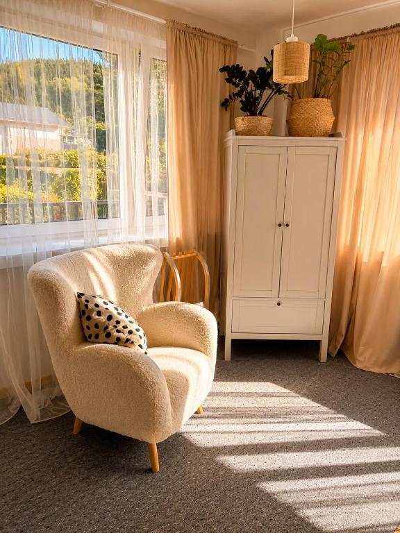 a living room with a chair and a cabinet at GóralSki in Wisła