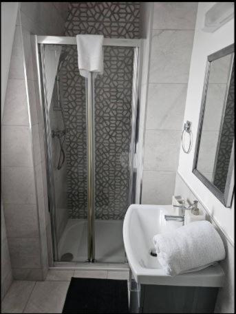 a bathroom with a shower and a sink at Galway Break in Galway