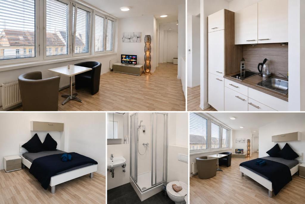 a collage of photos of a kitchen and a bedroom at Nürnberg Nähe Studio in Fürth