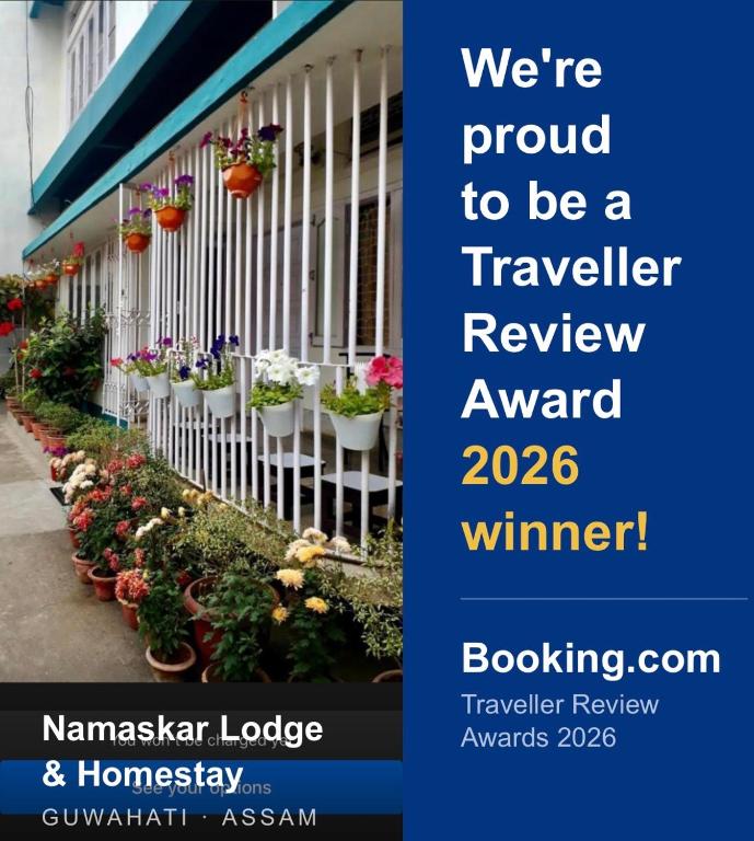 a flyer for a travel review award winner at Namaskar Lodge and Homestay- 2026 Traveller Award Winner- only 18 mins from Kamakhya Temple in Guwahati