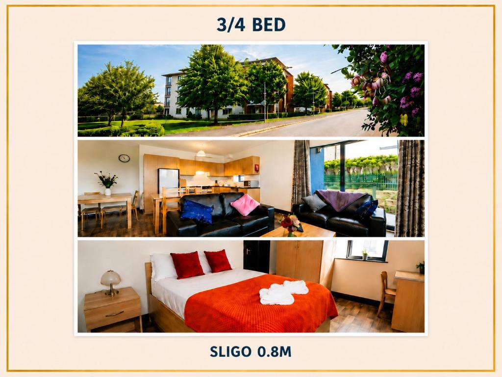 a collage of three pictures of a bedroom at Clarion Village in Sligo