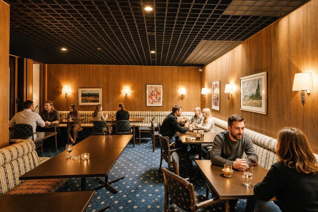 a group of people sitting at tables in a restaurant at REDBERRY Hotel - Düsseldorf - Neuss in Neuss