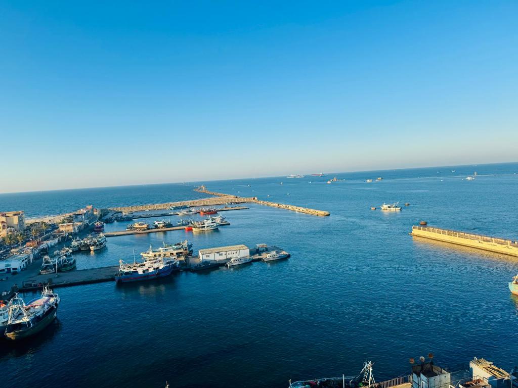 an aerial view of a harbor with boats in the water at برج زيزينيا in Port Said