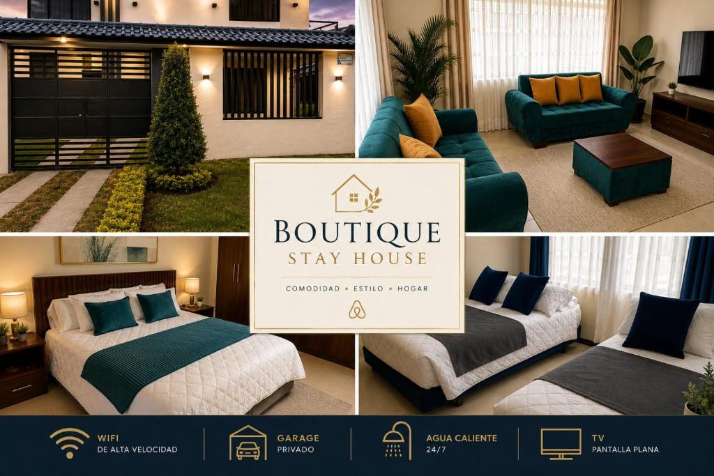 a collage of pictures of a room with two beds and a sign at Boutique Exclusive Stay in Baños