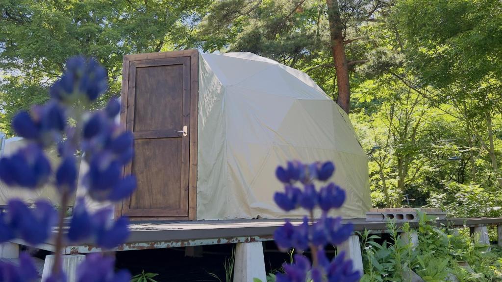 a canvas tent with a wooden door on top at glampark Otaru Hanaemi Hokkaido in Otaru