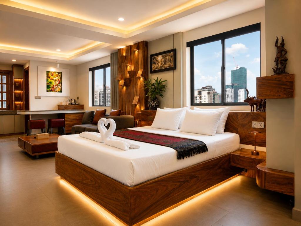 a bedroom with a large bed with a large window at Dynasty Boutique Hotel in Phnom Penh