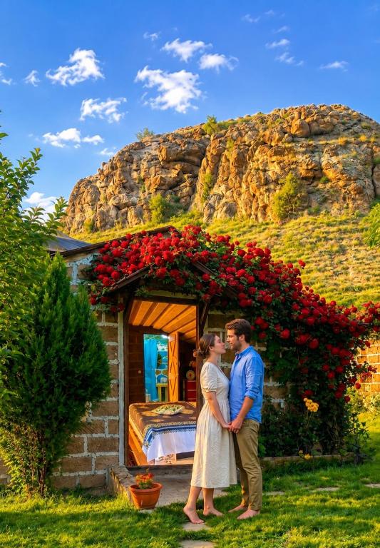 a couple standing in front of a house with flowers at Caravanà Resort in Yeghegnadzor